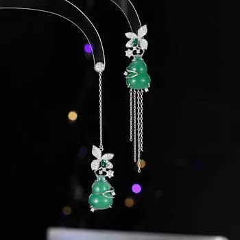 2024 новые модные ретро длинные серьги асимметричные кисточки нефрит тыквенные серьги иглы из серебра 925 для женщин золотой