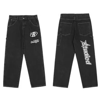 2024 Новые модные ретро мешковатые джинсы с вышивкой в виде букв, брюки Y2K, прямые синие потертые джинсовые брюки в стиле хип-хоп, мужские брюки Pantalon Homme M чёрный