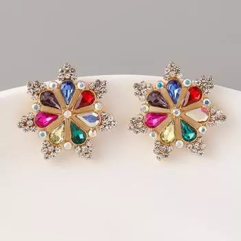 2024 новые модные серьги с яркими цветами и кристаллами для женщин, европейские ретро-стили, преувеличенные металлические украшения с бриллиантами для вечеринок красный