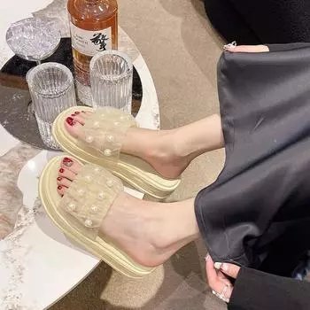 2024 Новые модные тапочки с жемчугом, женская обувь на платформе, нескользящая обувь, пляжные сандалии Word 35 бежевый