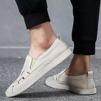 2024 Новые модные тенденции Летние мужские кожаные туфли Кожаные ажурные дышащие повседневные нескользящие кожаные сандалии Мужская обувь 38 бежевый