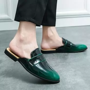 2024 Новые модные тенденции Мужские кожаные модные полутапочки Летние мужские мокасины на плоской подошве Тапочки для активного отдыха Мужская легкая обувь 38 зелёный