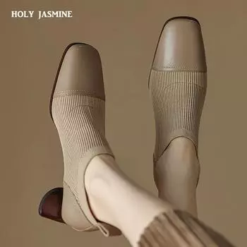 2024 Новые модные удобные женские туфли из натуральной кожи, элегантные туфли-лодочки с квадратным носком и толстым каблуком, повседневная обувь для вечеринок, женская обувь 34 чёрный