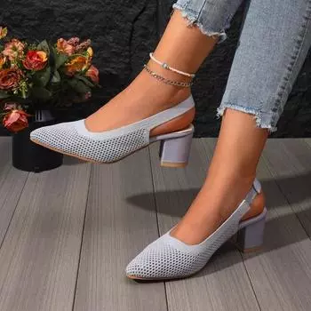 2024 Новые модные универсальные сетчатые дышащие женские туфли на каблуке с острым носком, однотонные, удобные, на толстом каблуке 36 серый