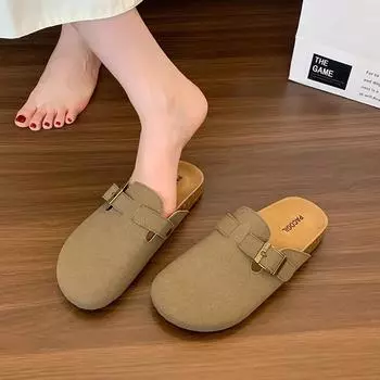 2024 Новые модные универсальные тапочки с круглым носком и плоским дном, удобные, с пряжкой, декоративные женские тапочки на плоском каблуке, горячая распродажа Zapatos 35 абрикосовый