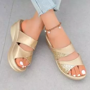 2024 Новые модные универсальные женские тапочки с открытым носком, летние повседневные однотонные женские тапочки на танкетке Zapatos De Mujer 35 серебряный