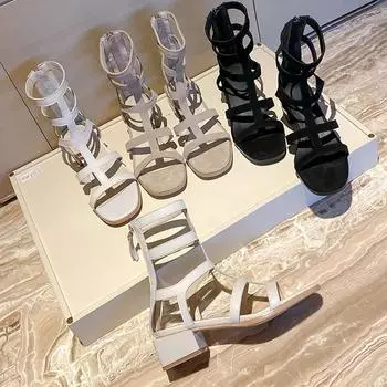 2024 Новые модные высокие ботинки с открытым верхом, высокие бочонки, классные римские сандалии, женские летние туфли на среднем каблуке 35 чёрный