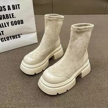 2024 Новые модные женские элегантные туфли на платформе с молниями по бокам и толстой подошвой, черные женские короткие зимние замшевые ботильоны-лодочки 35 бежевый