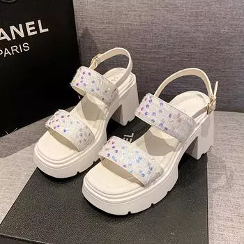 2024 Новые модные женские босоножки на высоком каблуке с открытым носком, летние повседневные пляжные туфли с пряжкой, римские сандалии на плоской подошве 35 чёрный