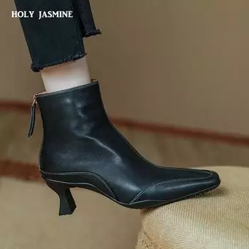 2024 Новые модные женские ботильоны на тонком высоком каблуке с квадратным носком из натуральной кожи, женские офисные ботинки на осень-зиму 34 чёрный