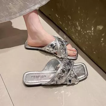 2024 Новые модные женские летние шикарные плоские тапочки пляжные сандалии с открытым носком женские сексуальные шлепанцы обувь 35 чёрный