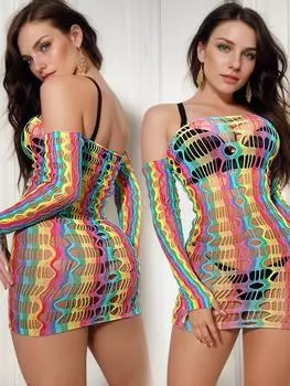 2024 Новые модные женские радужные цельные платья сексуальное облегающее короткое платье сетчатые колготки перспективное нижнее белье женская мини-юбка XS