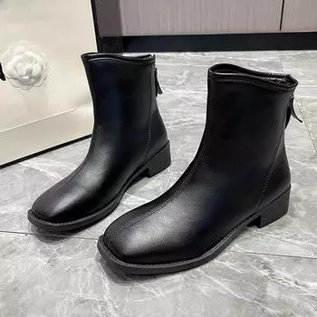 2024 Новые модные женские сапоги однотонные с молнией, украшением, круглым носком, удобным квадратным каблуком, низким каблуком, телесного цвета, сапоги Zapatos 35 чёрный