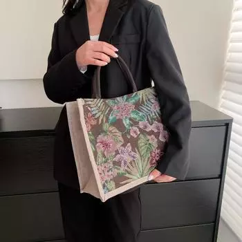 2024 новые модные женские сумки в ретро-цветах, большие портативные сумки, сумки-тоут, вышитые и вышитые холщовые сумки. чёрный