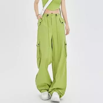 2024 Новые модные женские свободные брюки-карго весна-лето тонкие комбинезоны с карманами высокая талия широкие брюки прямые свободные спортивные брюки элегантные брюки 2391 S чёрный