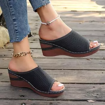 2024 Новые модные женские тапочки на толстой танкетке с большой толстой подошвой, повседневные тапочки с завышенной талией и каблуком-рыбьим ртом 42 хаки