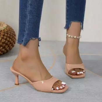 2024 Новые модные женские тапочки с открытым носком, летние рабочие туфли на шпильках, удобные универсальные женские тапочки с квадратным носком 35 розовый