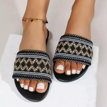 2024 Новые модные женские тапочки, удобные, легкие, повседневные, летние, с круглым носком, однотонные, римские, на плоском каблуке, пляжная обувь 36 чёрный