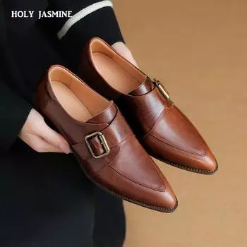 2024 Новые модные женские туфли-лодочки для офиса, весна-лето, зрелые ретро-туфли из натуральной кожи с острым носком на толстом каблуке, женские 34 чёрный