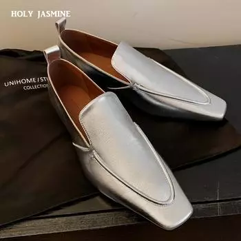 2024 Новые модные женские туфли-лодочки на низком каблуке из натуральной кожи на плоской подошве с квадратным носком весна-осень лаконичные повседневные рабочие туфли женские базовые 34 чёрный