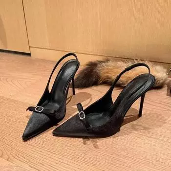 2024 Новые модные женские туфли-лодочки с бантом сзади, однотонные туфли с острым носком для банкета 35 чёрный