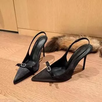 2024 Новые модные женские туфли-лодочки с бантом сзади, однотонные туфли с острым носком для банкета 35 чёрный