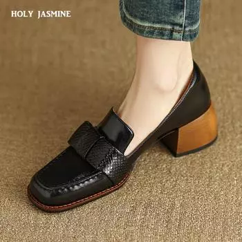 2024 Новые модные женские туфли-лодочки с квадратным носком и толстым каблуком из натуральной кожи, женская обувь для офиса на весну и лето, высокое качество 34 чёрный