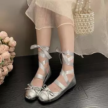 2024 Новые модные женские туфли с круглым носком на плоской подошве, с перекрестными ремешками и неглубокими бантами для весны и осени Женская обувь 35 серебряный