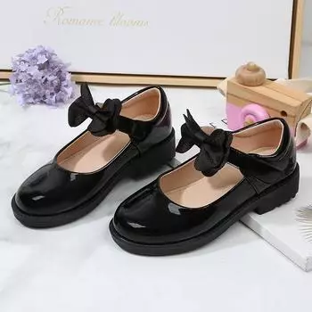 2024 Новые мягкие туфли принцессы с черным бантом на липучке, глянцевая модная детская обувь, Прямая поставка, милая детская повседневная школьная обувь из искусственной кожи 26 коричневый