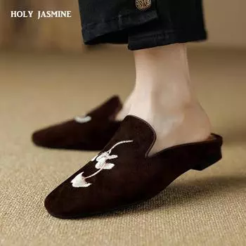 2024 Новые мюли Baotou Круглые толстые каблуки среднего каблука из овечьей замши Большие женские тапочки Полутапочки Женская обувь для женщин 34 чёрный