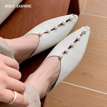 2024 Новые мюли из натуральной кожи Baotou с острым толстым каблуком, средний каблук, жемчужные большие женские тапочки, полутапочки, обувь для женщин 34 чёрный