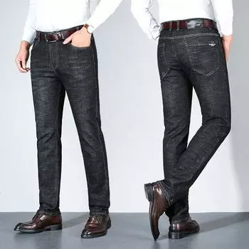 2024 Новые мужские эластичные джинсы, мужские весенние и осенние повседневные свободные прямые мужские брюки, осенние деловые длинные брюки 28 чёрный