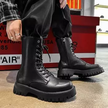 2024 Новые мужские ботинки зимняя повседневная обувь модные кожаные ботинки мужские высококачественные резиновые сапоги для верховой езды Equestr Botas Hombre с мехом 38 чёрный