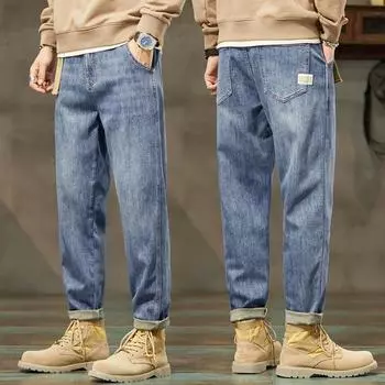 2024 Новые мужские джинсы больших размеров, весенние, повседневные, модные, шаровары, свободные, базовый стиль, эластичные брюки, длинные брюки 34 чёрный