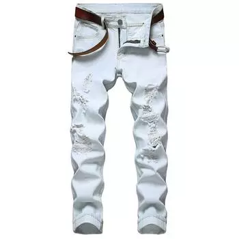 2024 Новые мужские джинсы прямого кроя с перфорацией, повседневные и персонализированные облегающие мужские брюки из светло-белого денима 28 белый