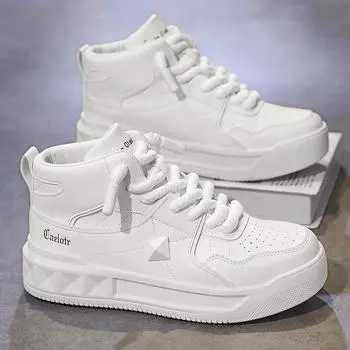 2024 Новые мужские модные высокие кожаные туфли для скейтбординга - модная пара нескользящая спортивная обувь с высокой посадкой, увеличивающая рост 39 белый