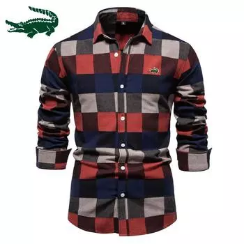 2024 новые мужские рубашки с вышивкой в деловом весенне-осеннем стиле, модные клетчатые рубашки с длинными рукавами, мужские топы S