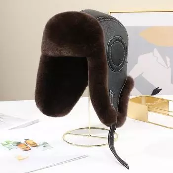 2024 Новые мужские шапки-бомберы из 100% натурального меха кролика Рекс, зимние русские мужские теплые шапки из натуральной овчины, мужские шапки из натурального меха 55cm-56cm коричневый