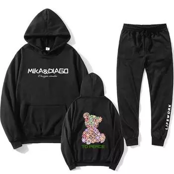 2024 Новые мужские спортивные костюмы с капюшоном Спортивные штаны 2 шт. Флисовый теплый печатный узор Трендовые дизайнерские толстовки Мужские пуловеры Брюки Наборы S