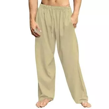 2024 Новые мужские свободные брюки из хлопка и льна, мужские летние повседневные однотонные брюки, брюки больших размеров S 60-70KG зелёный