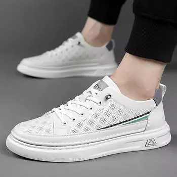 2024 Новые мужские туфли из натуральной кожи, повседневная обувь, трендовые белые туфли для скейтбординга на плоской подошве, дышащие кроссовки без застежек 38 белый