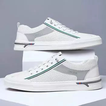 2024 Новые мужские туфли из натуральной кожи Повседневная обувь Летние микропористые плоские туфли для скейтбординга Удобные кроссовки 38 белый