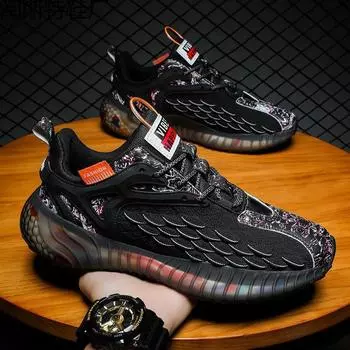 2024 новые мужские туфли из рыбьей чешуи, кокосовые туфли из сетки Guochao, молодежная спортивная обувь с попкорном, корейская версия повседневной обуви Four Seasons 39 чёрный