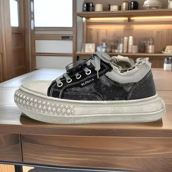 2024 новые мужские туфли, низкие туфли в гонконгском стиле с толстой подошвой, туфли-хлебцы, маленькие белые туфли, туфли со звездообразным носком 39 чёрный