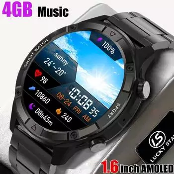 2024 Новые мужские умные часы AMOLED с полным сенсорным экраном, всегда отображающие время, Bluetooth-вызов, 4 ГБ, локальный музыкальный плеер, умные часы silicon чёрный