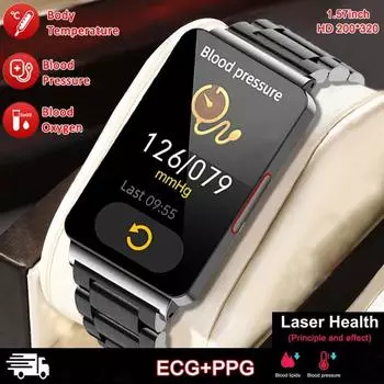 2024 Новые неинвазивные умные часы для мужчин ЭКГ + ППГ Температура тела Здоровый монитор артериального давления Многофункциональный режим упражнений для телефона Android IOS Silicon чёрный