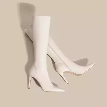 2024 новые нескользящие модные ботинки на тонком каблуке в стиле Хепберн с юбкой, неглубоким горлом, длинные ботинки с нишевым дизайном 35 чёрный