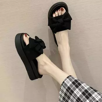 2024 Новые нескользящие тапочки из бисквитного торта с толстой подошвой, черные тапочки с бантом и одним словом для женской летней верхней одежды 35 бежевый