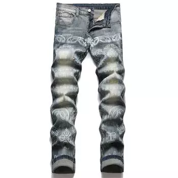 2024 Новые облегающие эластичные джинсы с принтом, модные мужские стираные европейские и американские джинсы с короткими штанинами, модный бренд 28 синий
