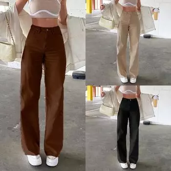 2024 новые однотонные джинсы женские свободные и тонкие прямые брюки с высокой талией женские повседневные брюки S чёрный